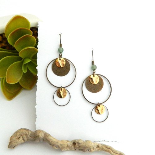 Boucles d'oreilles or et bronze, perles de pierre d'aventurine