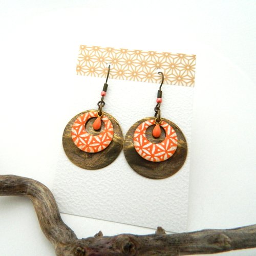 Boucles d'oreilles orange et bronze, motifs graphiques