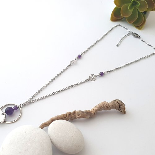 Collier perles améthyste violet, acier inoxydable, original