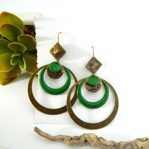 Grandes boucles d'oreilles originales, vert sapin et bronze