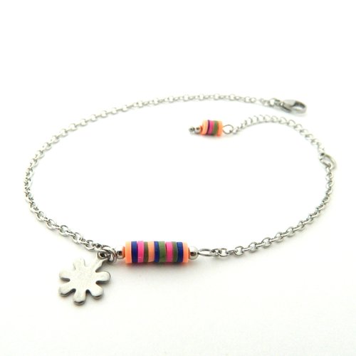 Bracelet de cheville perles multicolore et acier inoxydable