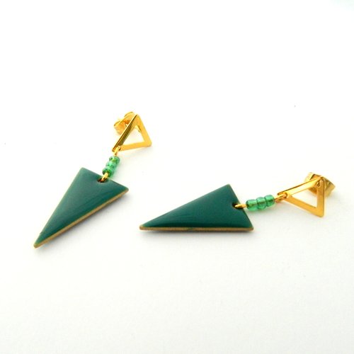Boucles d'oreilles triangles, vert et acier doré