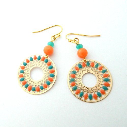 Boucles d'oreilles originales, turquoise et saumon, acier inoxydable
