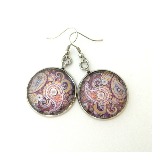 Boucles d'oreilles mauve, cabochon, acier inoxydable