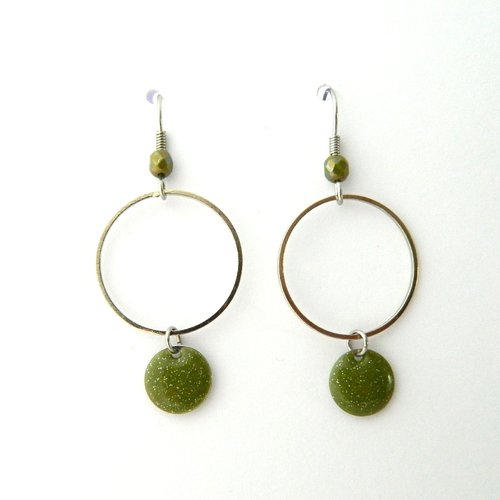 Boucles d'oreilles vert kaki et acier inoxydable