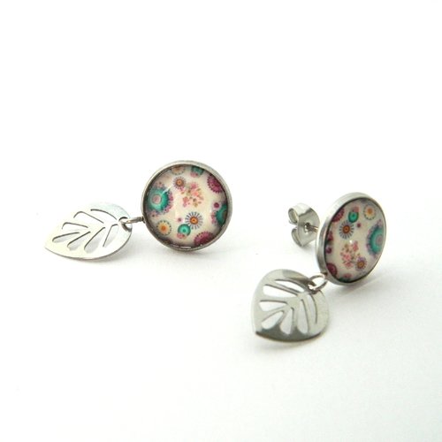 Boucles d'oreilles motif fleur, cabochon, feuilles acier inoxydable