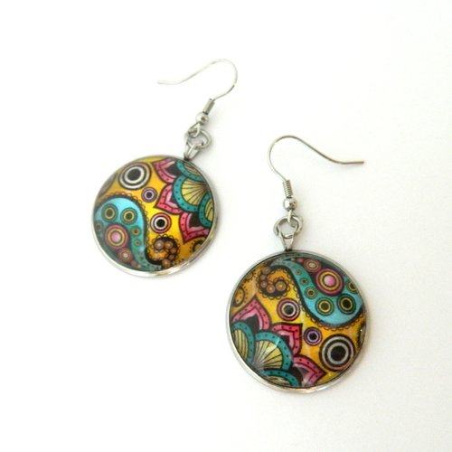Boucles d'oreilles colorées, cabochon, acier inoxydable
