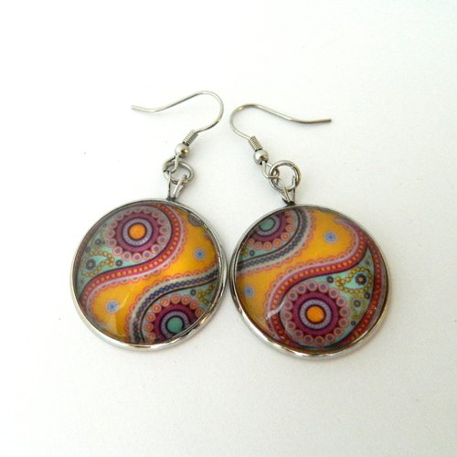 Boucles d'oreilles colorées, cabochon, acier inoxydable