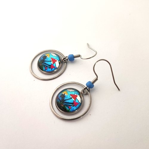 Boucles d'oreilles colorées, motifs champignons