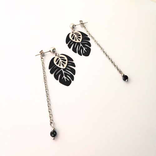 Boucles d'oreilles originales, feuilles noires, acier inoxydable