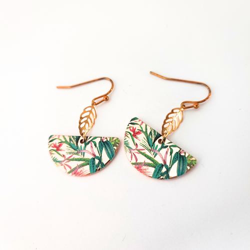 Boucles d'oreilles originales, motif tropical, acier inoxydable doré