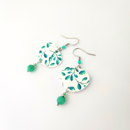 Boucles d'oreilles originales, vert émeraude et blanc