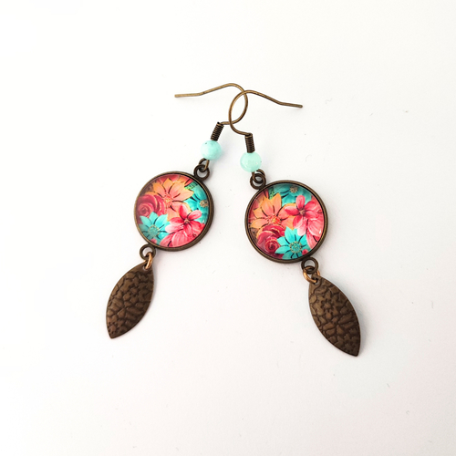 Boucles d'oreilles cabochons motif fleur colorées