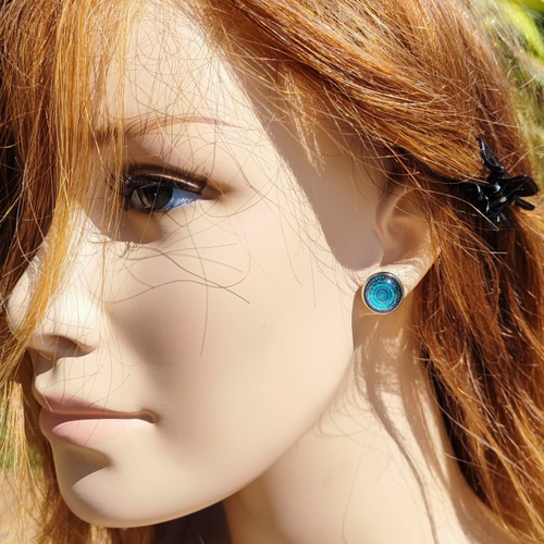 Boucles d'oreilles puce cabochons mandala bleu turquoise