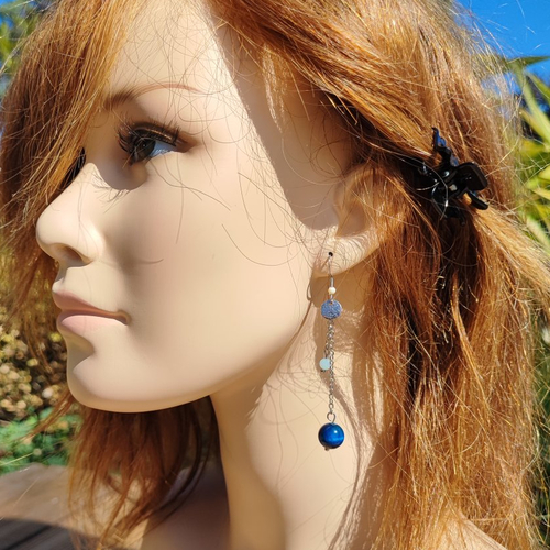 Boucles d'oreilles pendantes, perles de gemmes bleues