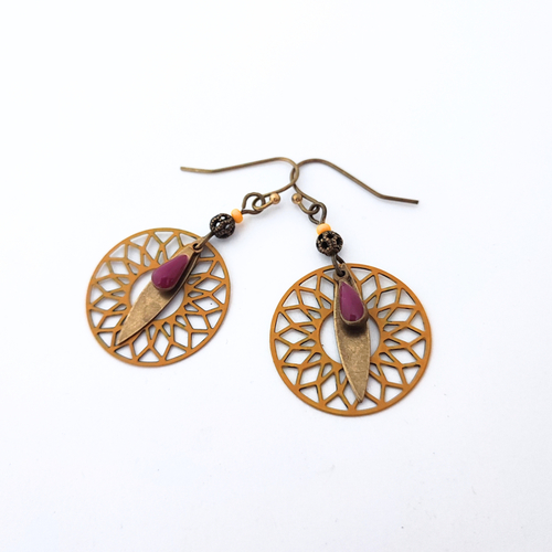 Boucles d'oreilles originales, jaune moutarde et violet