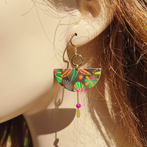 Boucles d'oreilles originales, motifs colorés, acier inoxydable doré