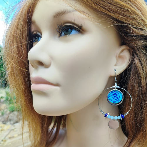Boucles d'oreilles originales, perles bleues, acier inoxydable