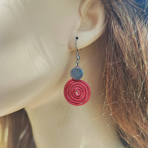 Boucles d'oreilles spirales rouges et acier inoxydable
