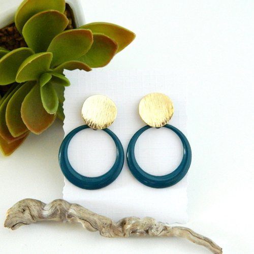 Boucles d'oreilles bleu canard, acier inoxydable doré