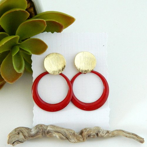 Boucles d'oreilles rouge, acier inoxydable doré