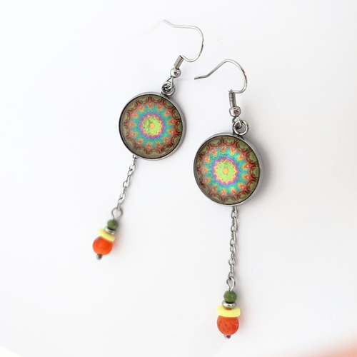 Boucles d'oreilles pendantes, mandala colorées