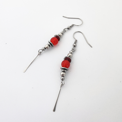 Boucles d'oreilles forme originale, perles orange, acier inoxydable