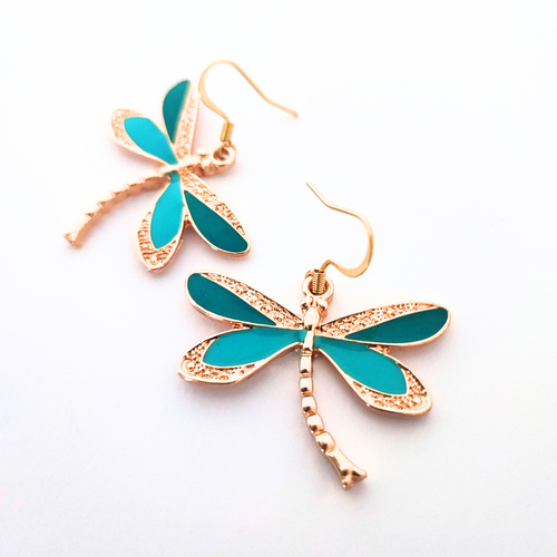 Boucles d'oreilles libellules bleues, acier inoxydable doré