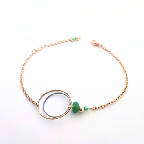 Bracelet perles vertes, acier inoxydable doré