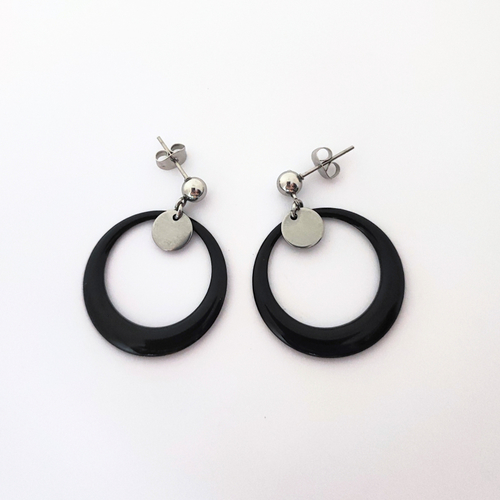 Boucles d’oreilles en acier inoxydable, anneaux émaillés noirs