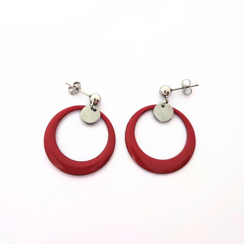 Boucles d’oreilles en acier inoxydable, anneaux émaillés rouge foncé