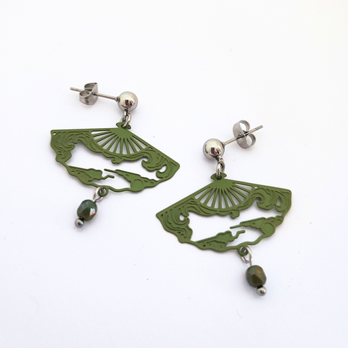 Boucles d'oreilles éventails japonais, vert kaki