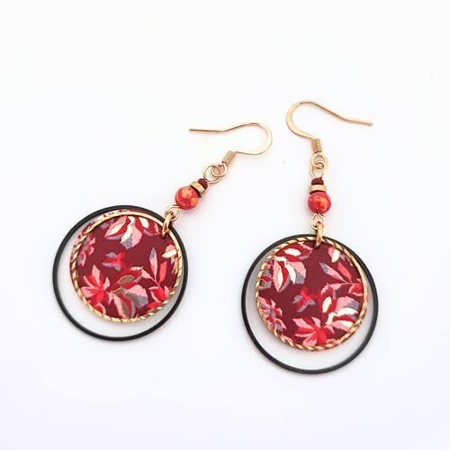 Boucles d'oreilles originales, motif fleur, rouge et or