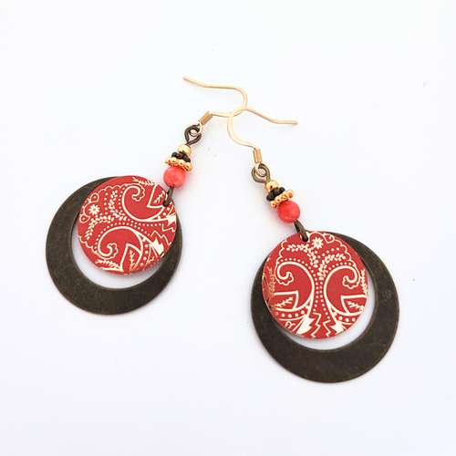 Boucles d'oreilles originales, motif oriental, corail et doré