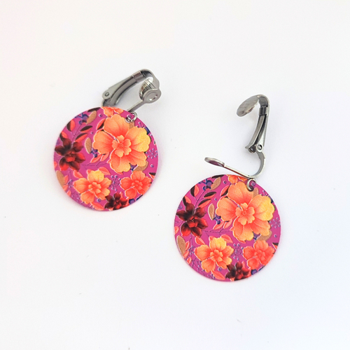 Boucles d'oreilles clips en acier, pendentif original et coloré, fleurs