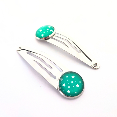 Duo de barrette enfant, cabochon étoiles vert émeraude
