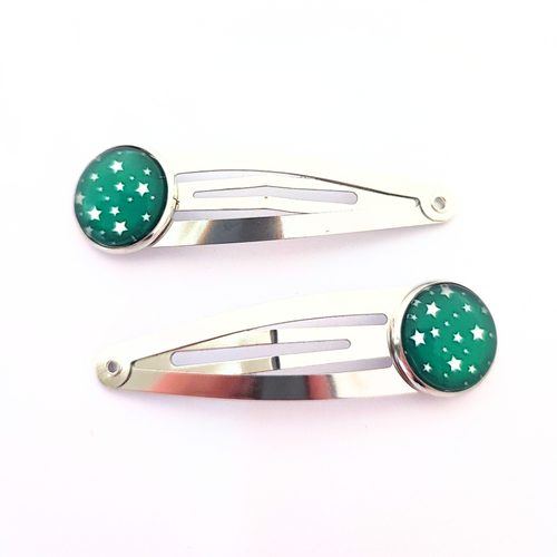 Duo de barrette enfant, cabochon étoiles vert sapin