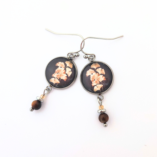Boucles d'oreilles feuilles ginkgo, bijou cabochon