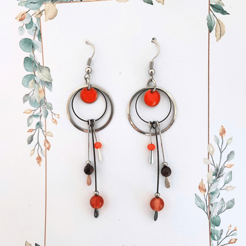 Boucles d’oreilles orange et argenté, création artisanale originale