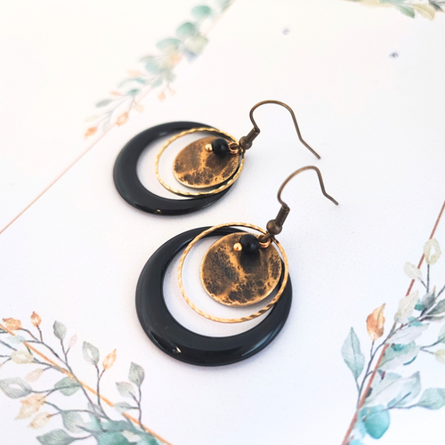 Boucles d’oreilles bohème noir & bronze, bijou original fait main