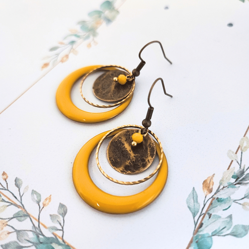 Boucles d’oreilles bohème jaune & bronze, bijou original fait main