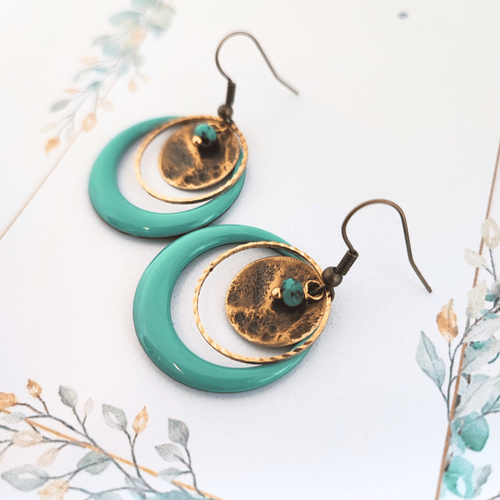 Boucles d’oreilles bohème bleu vert & bronze, bijou original fait main