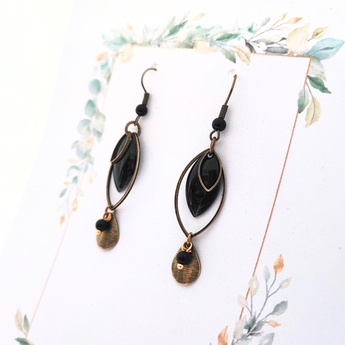 Boucles d’oreilles noir et bronze, boucles pendantes graphiques, idée cadeau