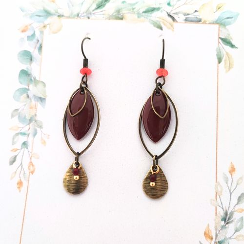 Boucles d’oreilles prune et bronze, bijou femme original, bijou  bohème, idée cadeau