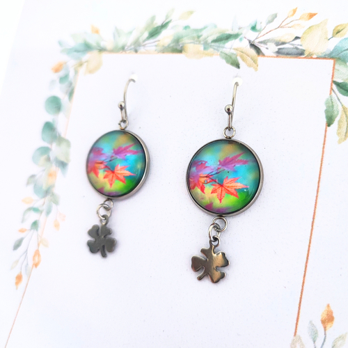 Boucles d'oreilles automne, feuille érable, acier inoxydable