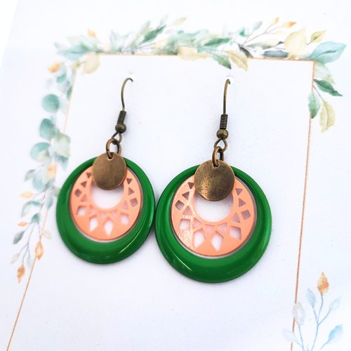 Boucles d’oreilles vert et orange clair, bijou fantaisie original et coloré, création artisanale