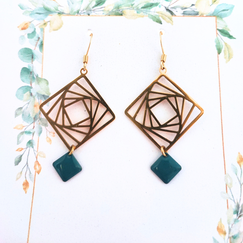 Boucles d'oreilles géométriques bronze et bleu pétrole, bijou original et élégant