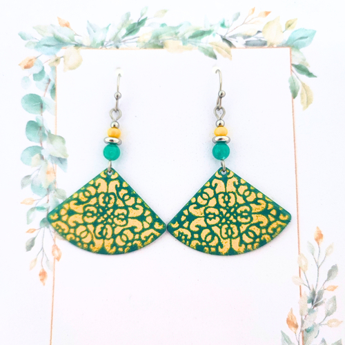 Boucles d'oreilles originales, éventail motifs graphiques, jaune et vert