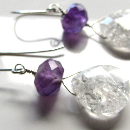 Boucles d'oreilles argent massif 925, cristal de roche et amethyste