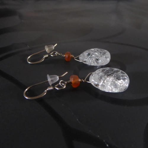 Boucles d'oreilles orange givrée, en argent massif 925 avec cornaline et quartz cristal de roche , pendants  d'oreilles poire argent massif